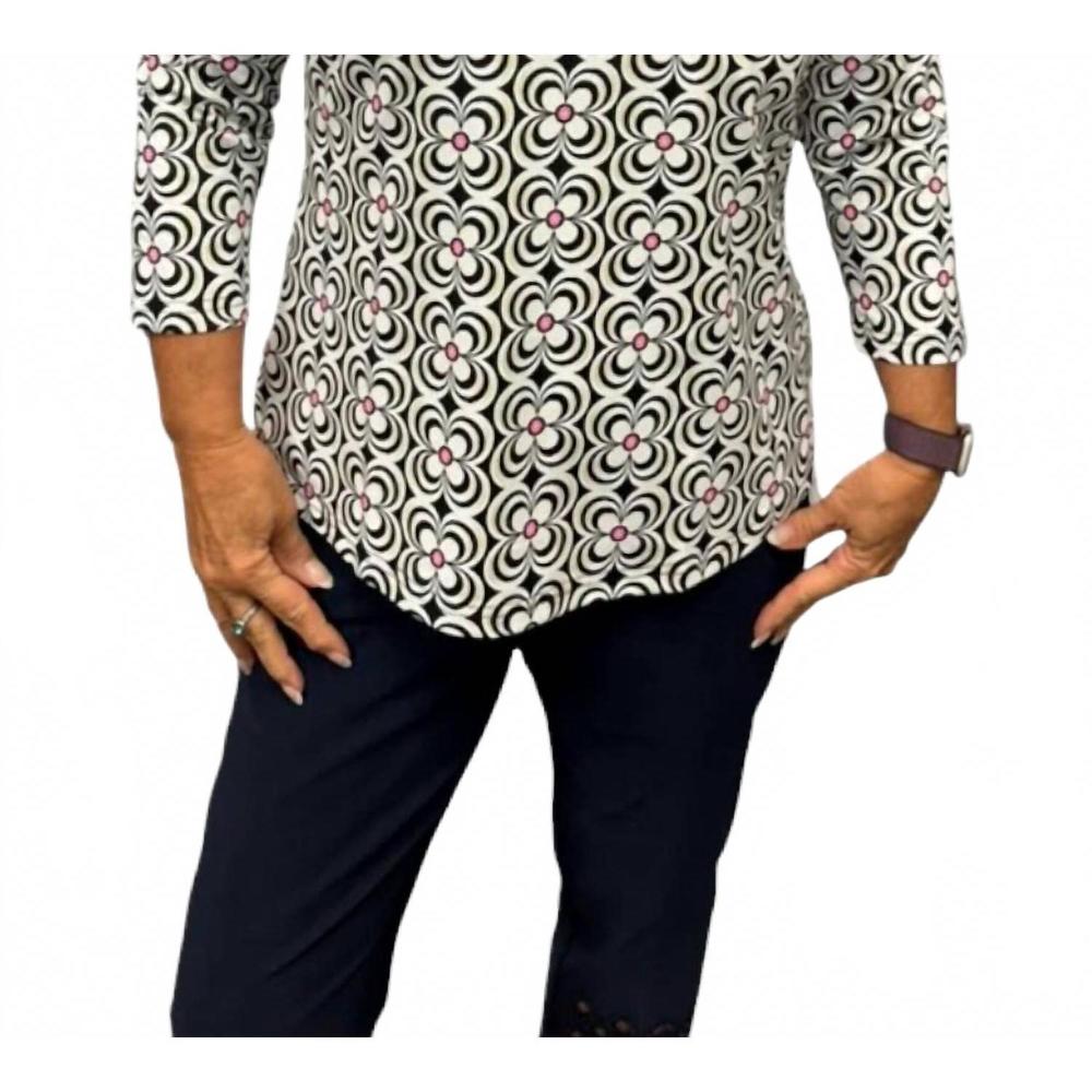 NEW LULU-B ruffle swirl 3/4 sleeve top in black & pink flower